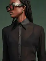 WOMEN - WOMEN'S CHIFFON LONG SLEEVE SHIRT - Black(SILK,BLACK)